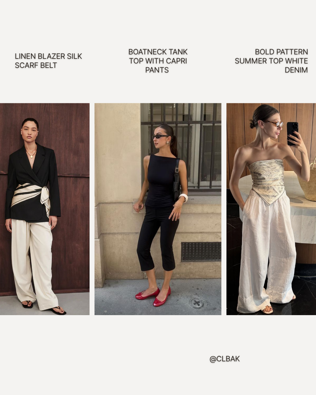 Three-panel summer style guide graphic for office, casual, and vacation wear labeled with Clbak styling formulas
