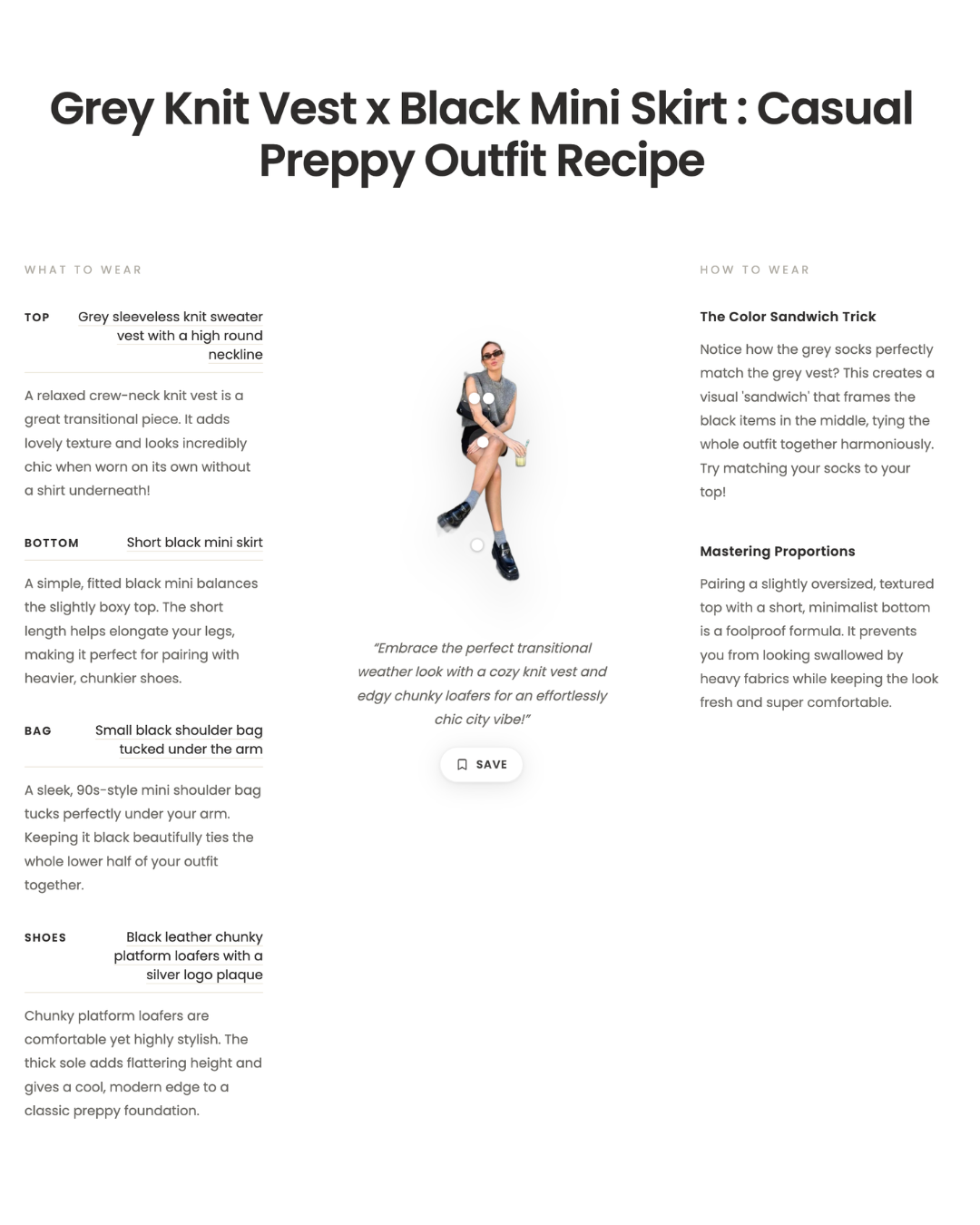 Clbak AI fashion styling recipe creation layout detailing a grey knit vest and black mini skirt combination with 'What to Wear' and 'How to Wear' tips