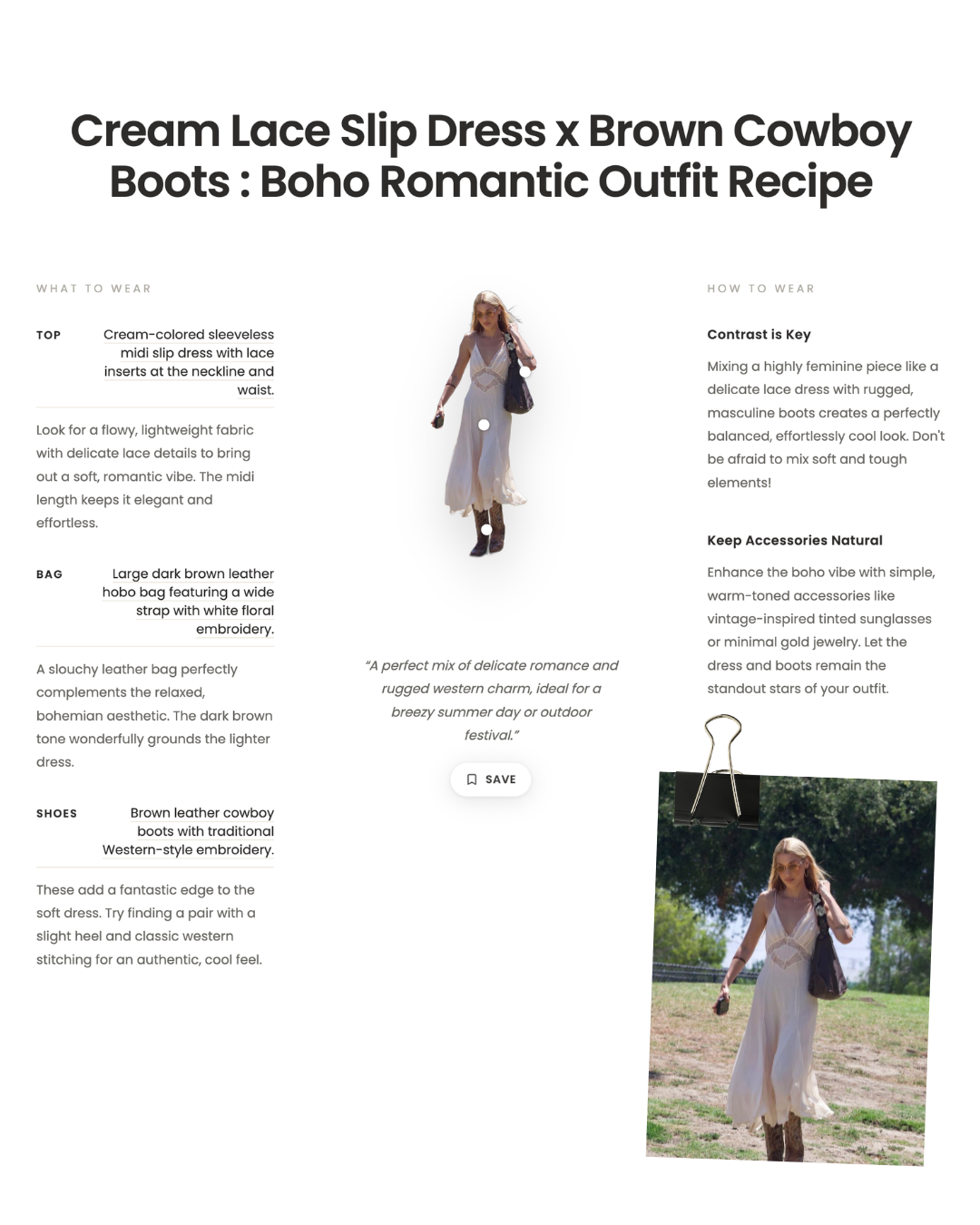 A digital styling platform interface snippet titled 'Boho Romantic Outfit Recipe' by Clbak, showcasing product breakdowns and how-to-wear styling tips with interactive pins on a maxi dress look.