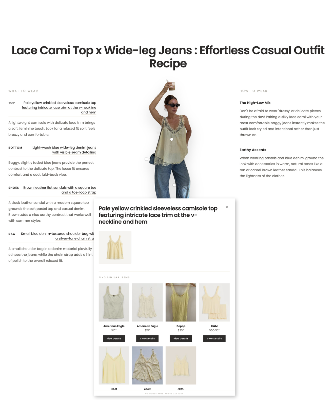 A detailed outfit recipe screen from a styling app, mapping out item breakdowns, styling tips, and affordable shopping alternatives with prices.