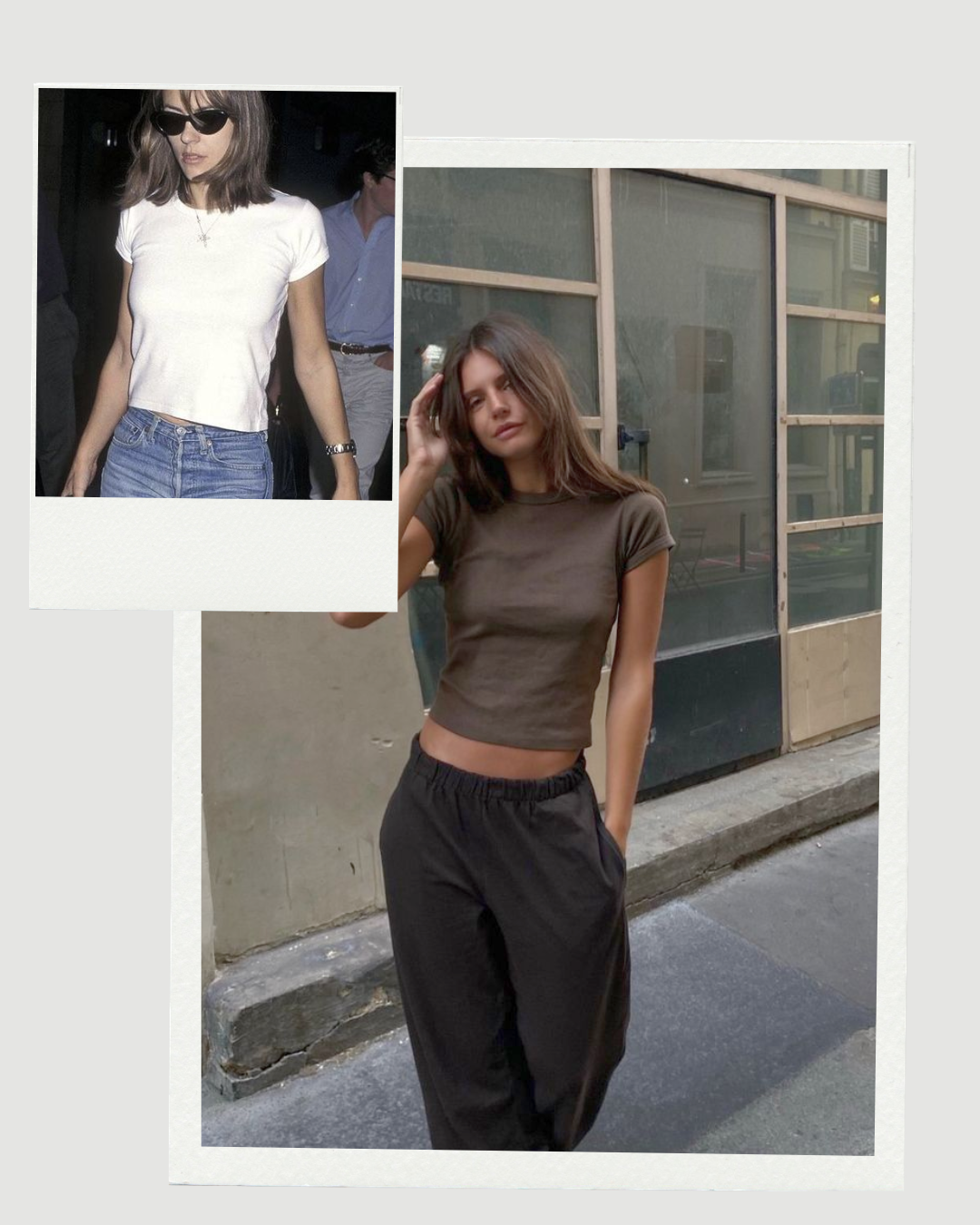 Then and Now comparison of baby tee styling from Elizabeth Hurley's 90s off-duty look to a contemporary clean girl aesthetic outfit