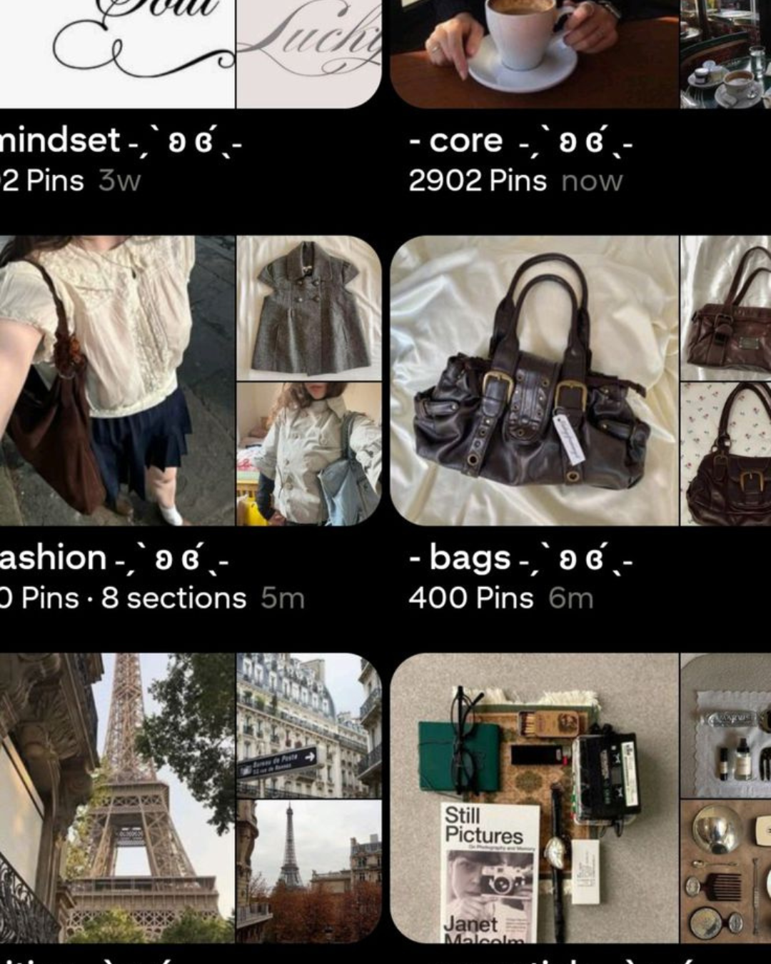 A screenshot of a Pinterest profile page showing categorized fashion and lifestyle boards like "fashion" and "bags" with curated aesthetic pins.