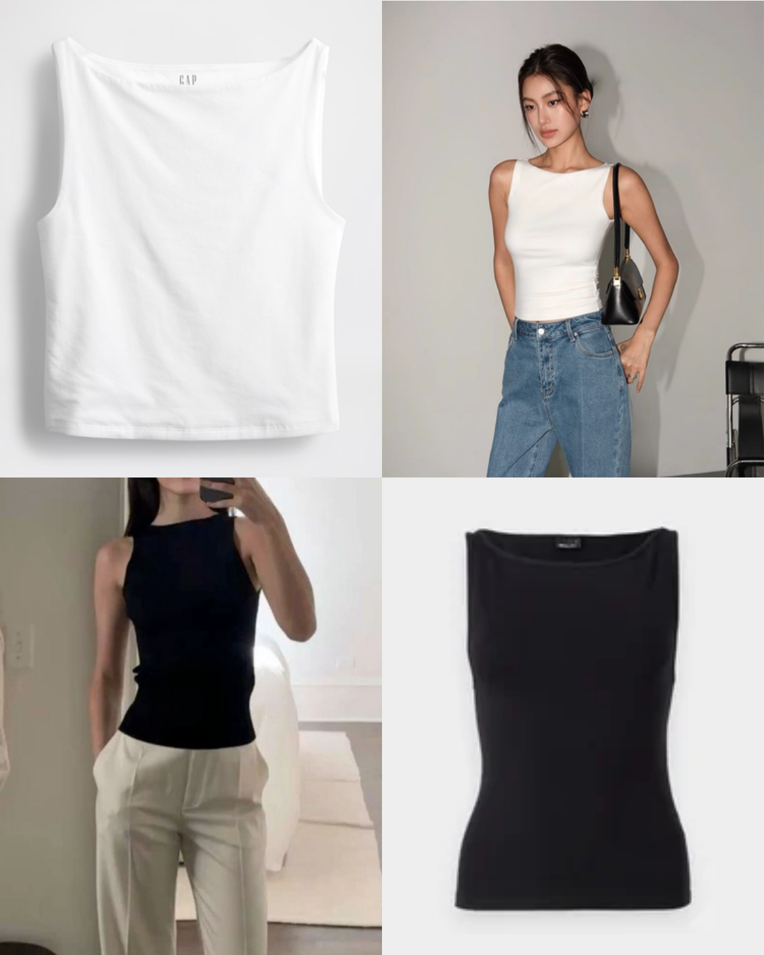 Four-split compilation sheet showing white and black minimalist boatneck tank tops in product flatlays and real-life styling outfits with blue jeans