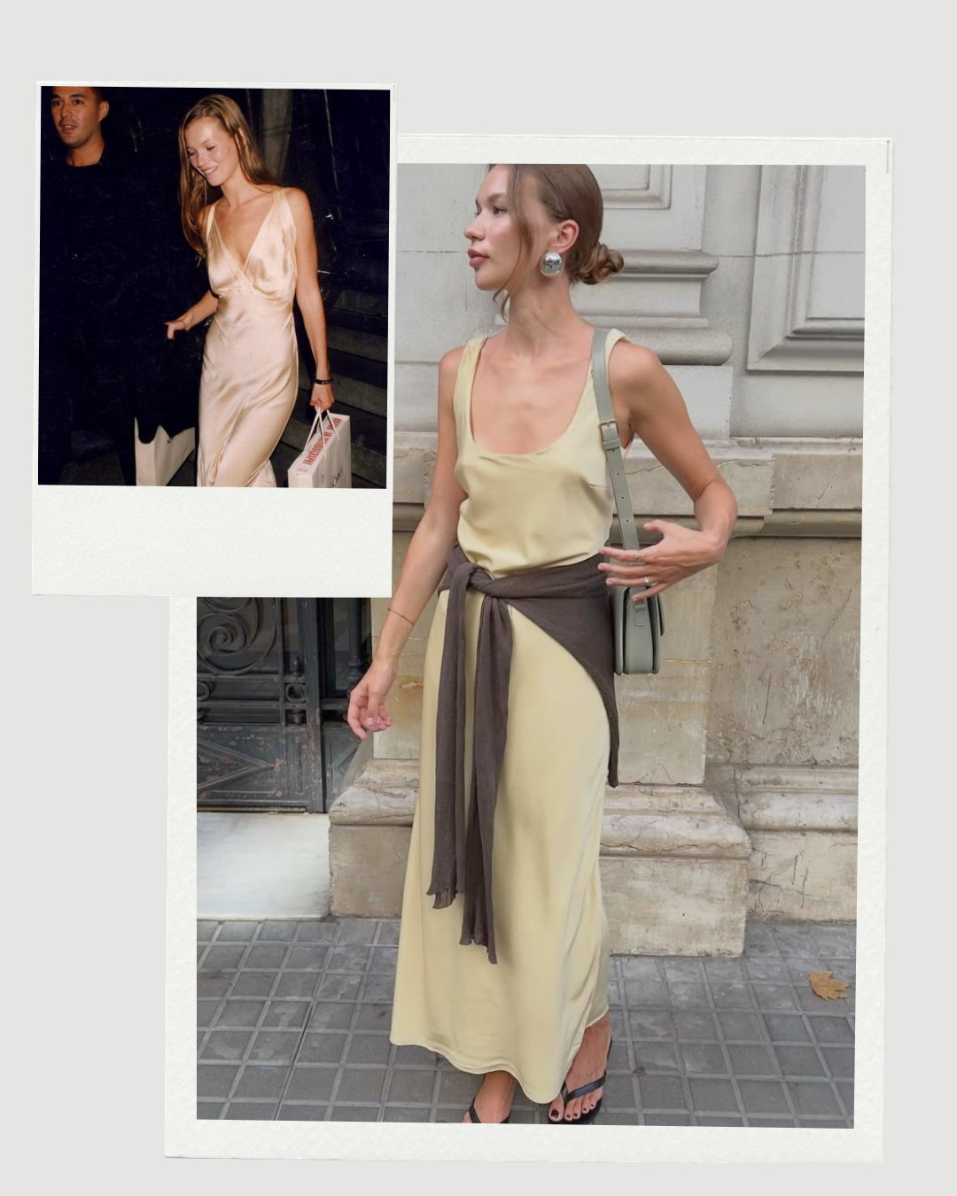 Then and Now comparison of slip dress styling featuring Kate Moss in 1993 and a modern street style look with a silk slip dress and sweater
