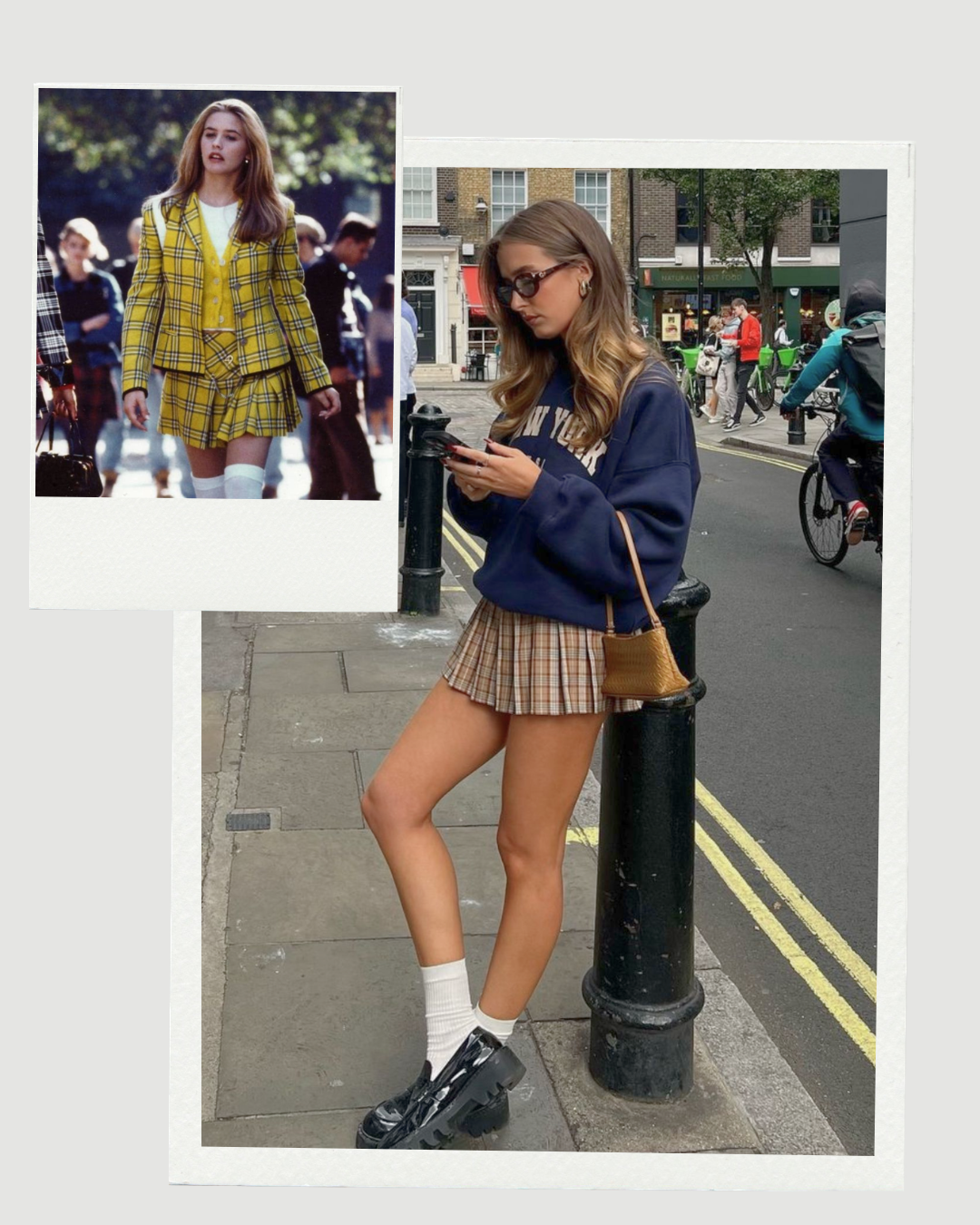 Then and Now comparison of plaid skirts from the iconic yellow suit in the movie Clueless to a modern casual preppy sweatshirt combination