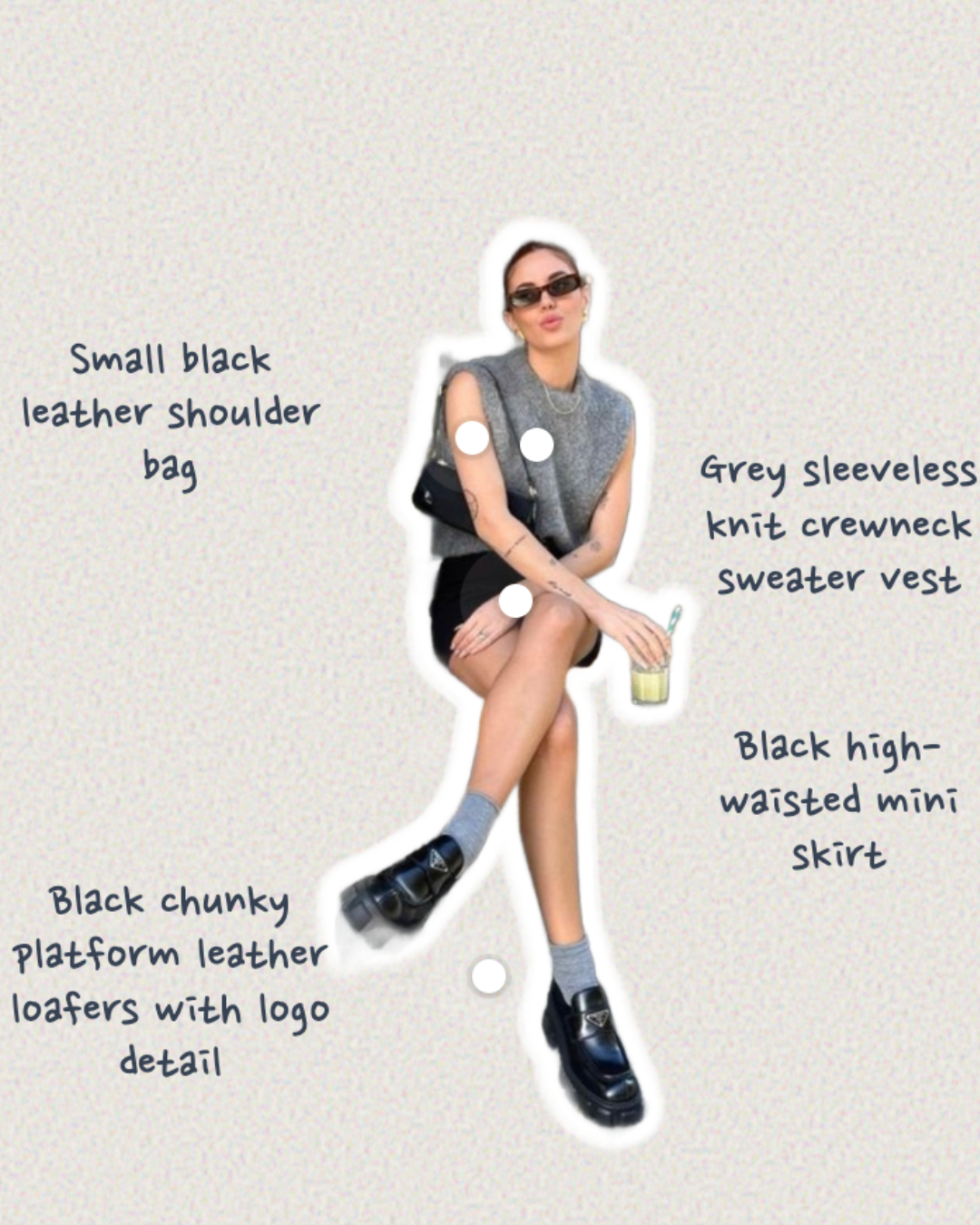Clbak AI fashion app interface breaking down a grey knit vest, black mini skirt, and chunky platform loafers with specific text tags