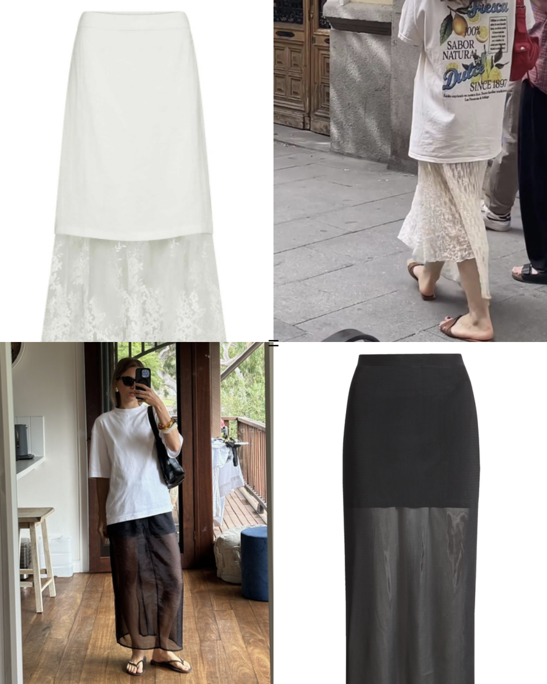 Four-split compilation sheet showcasing sheer layering trends with translucent white lace midi skirts, black sheer skirts, and oversized t-shirts