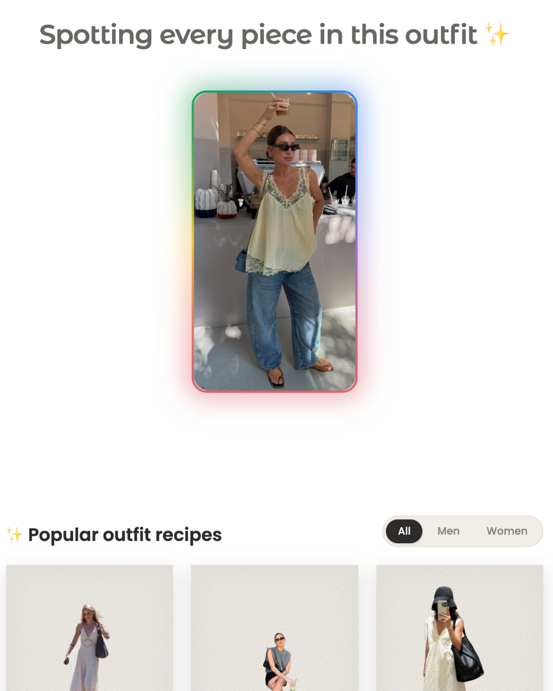A mobile app user interface showcasing an uploaded outfit photo of a woman in a cafe wearing a yellow lace camisole and baggy jeans for styling analysis.