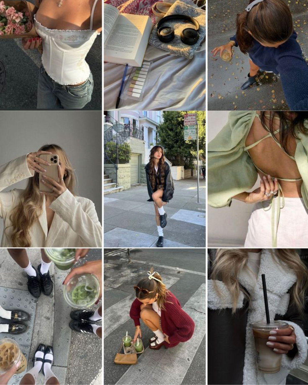 A 3x3 grid aesthetic fashion mood board displaying various casual outfits, close-up shots of footwear, iced coffee, and outdoor lifestyle scenes.