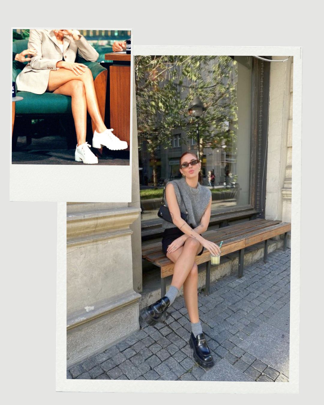 Then and Now comparison of platform shoes from 90s thick-soled sneakers to modern high-fashion chunky platform loafers with socks