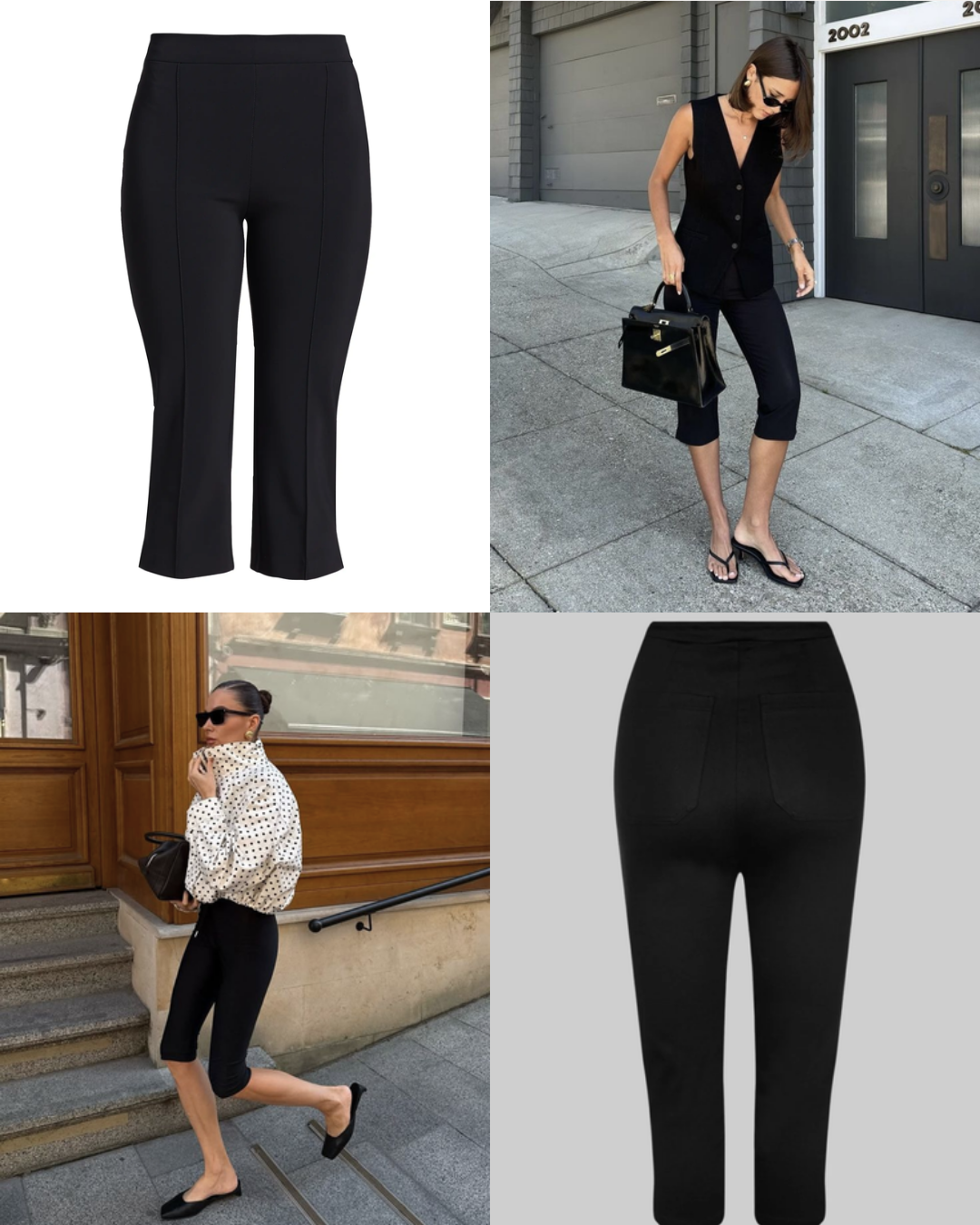 Four-split compilation sheet highlighting black capri pants from product detail views to styling examples with vests, white shirts, and slingbacks