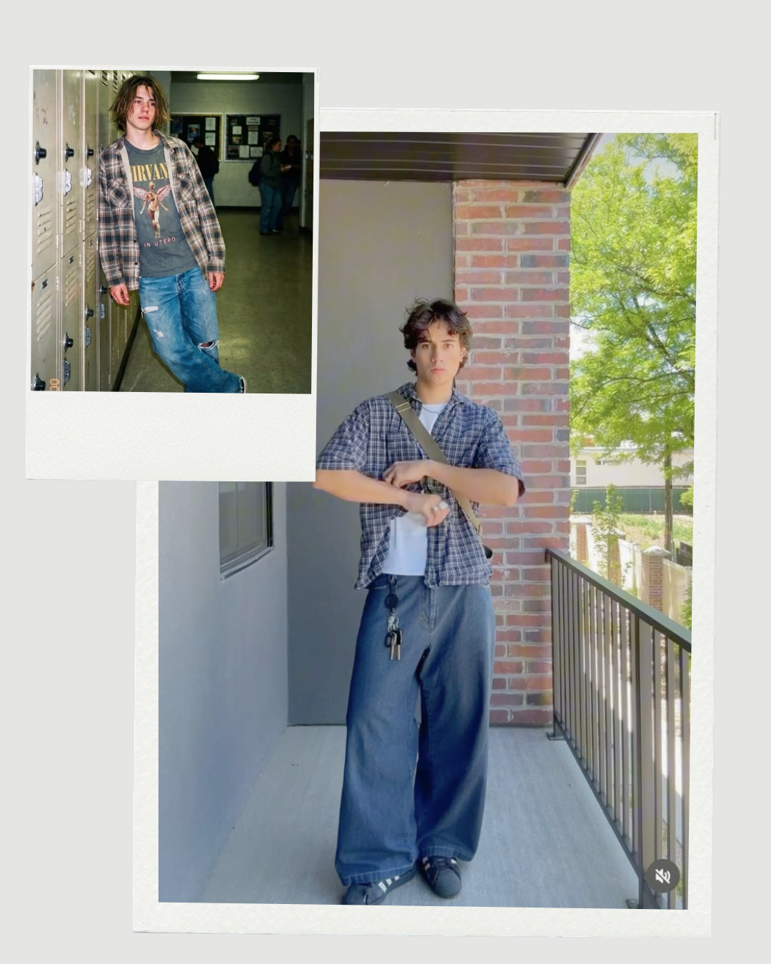 Then and Now comparison of flannel shirt styling from 90s high school grunge look to a contemporary relaxed street style outfit