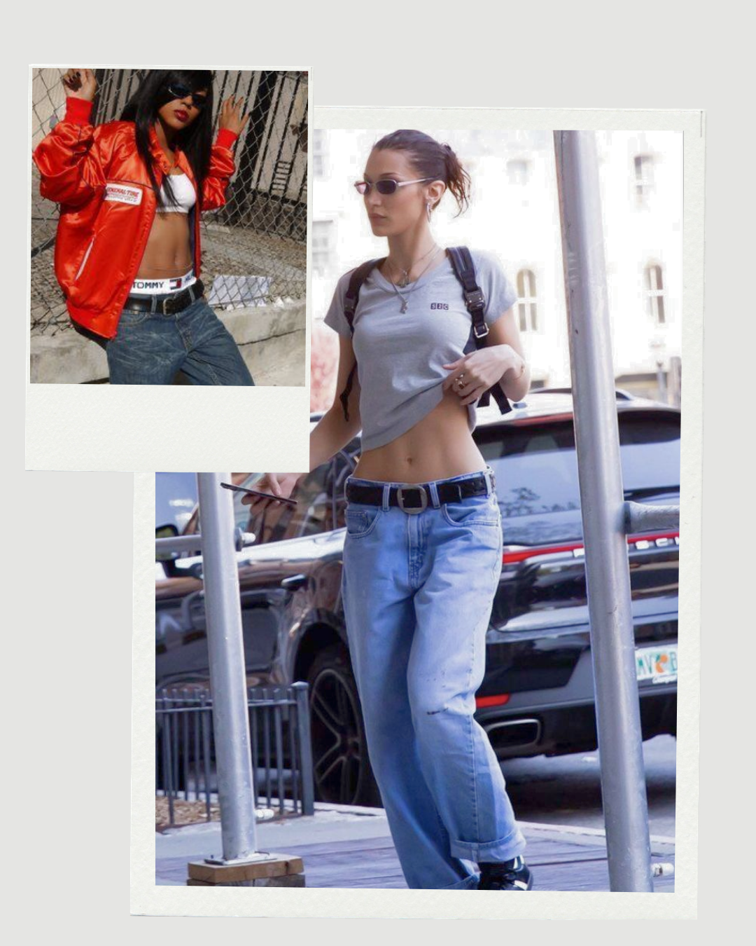 Then and Now comparison of baggy jeans featuring 90s R&B icon Aaliyah in Tommy Hilfiger and supermodel Bella Hadid in a modern street style outfit