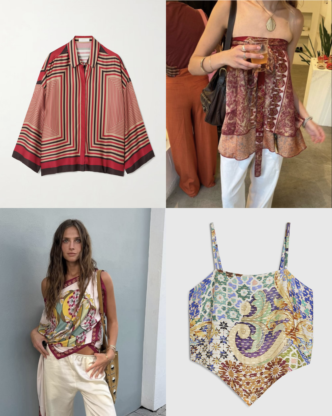 Four-split compilation sheet for Mediterranean prints featuring tile pattern shirts, scarf tops with white trousers, and intricate mosaic camisoles