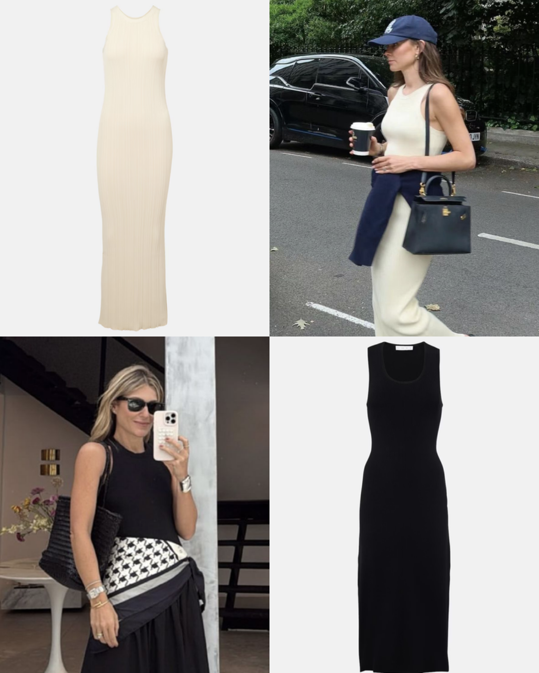Four-split compilation sheet displaying ribbed knit maxi tank dresses in cream and black colors alongside urban casual layering styles