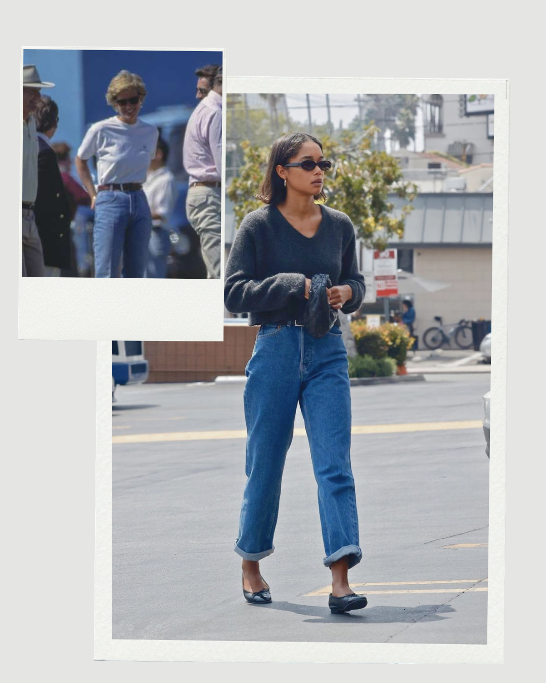 Then and Now comparison of mom jeans featuring Princess Diana's iconic casual look and a modern minimalist styling with ballet flats