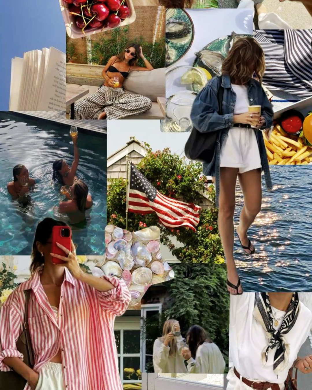 A fashion mood board collage featuring summer lifestyle photos, including a woman in a pink striped shirt, a denim jacket outfit near the water, cherries, and an American flag.