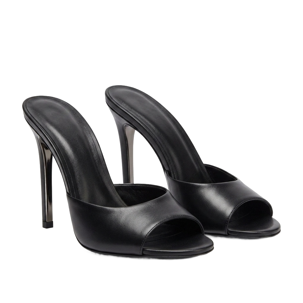 Black Leather Heeled Mules
