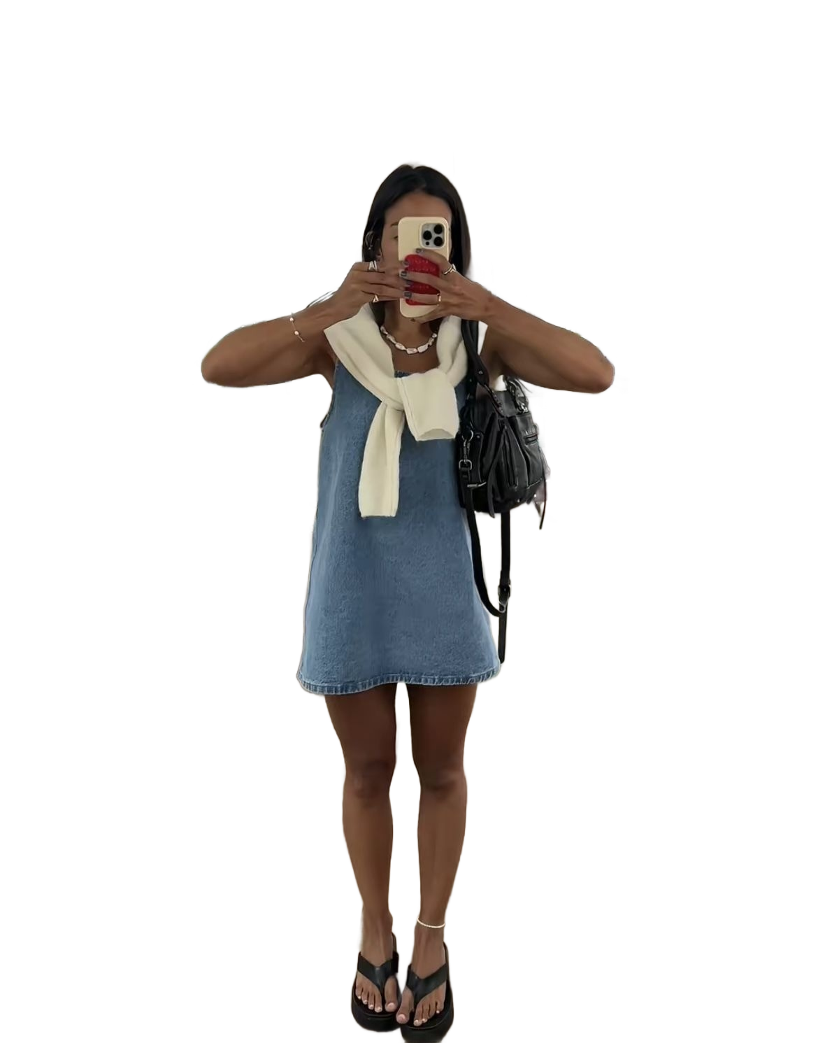 Denim Mini Dress x Tied Knit Sweater : Effortless Casual Outfit Recipe