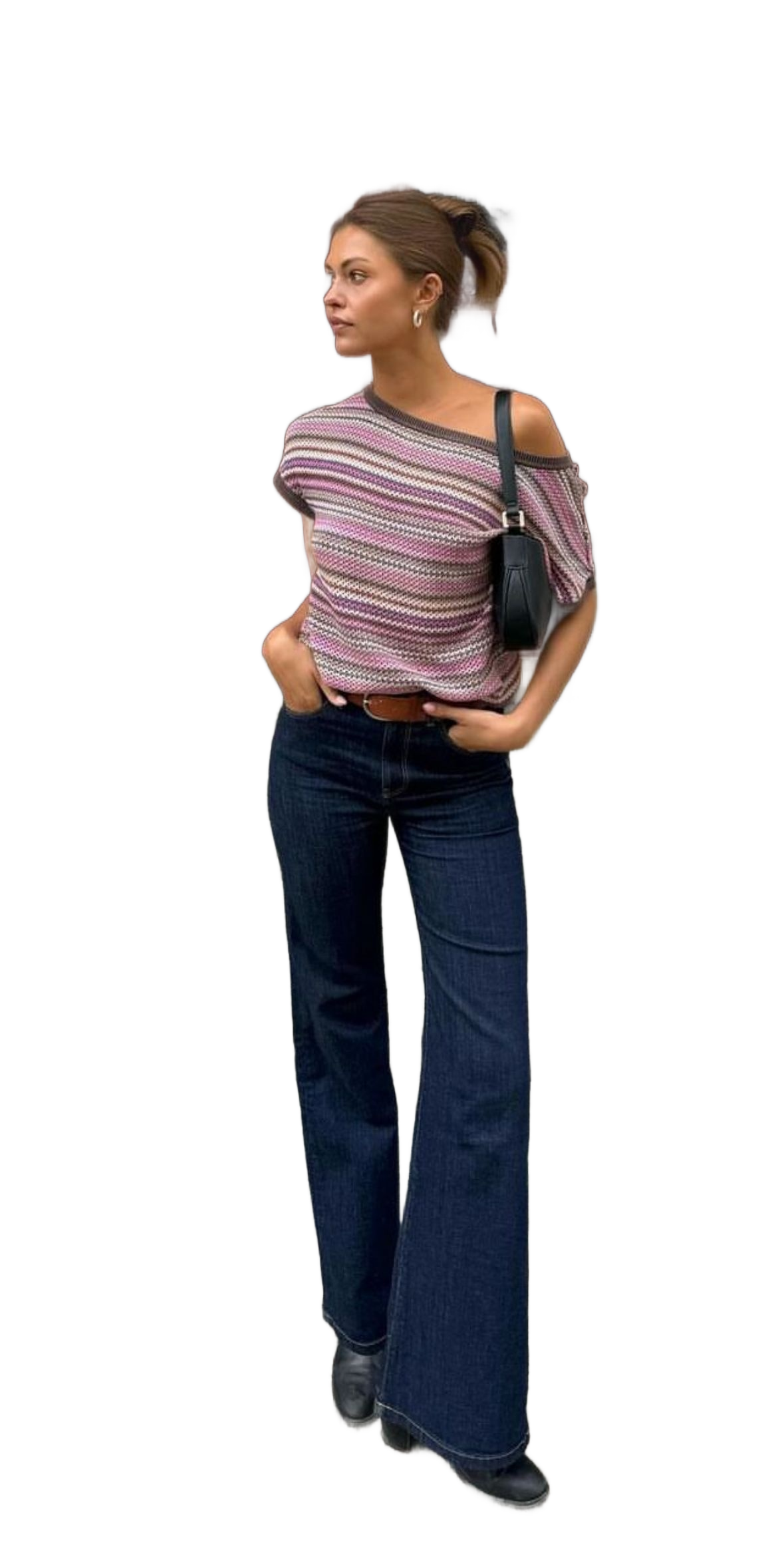 Striped Off-the-Shoulder Knit x Dark Wash Flared Jeans : Retro Casual Outfit Recipe