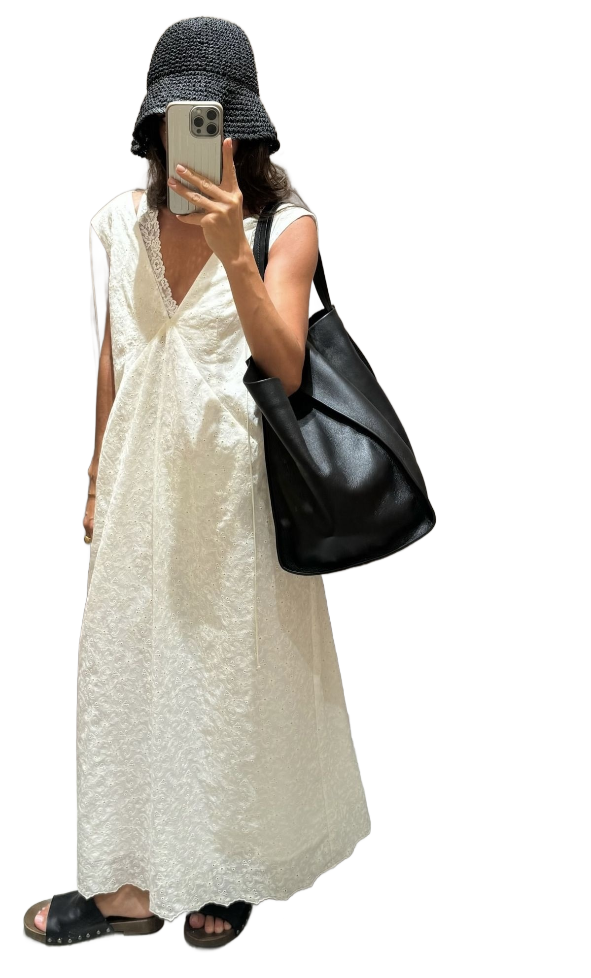 White Eyelet Long Dress x Large Black Tote Bag : Black & White Summer Outfit Recipe