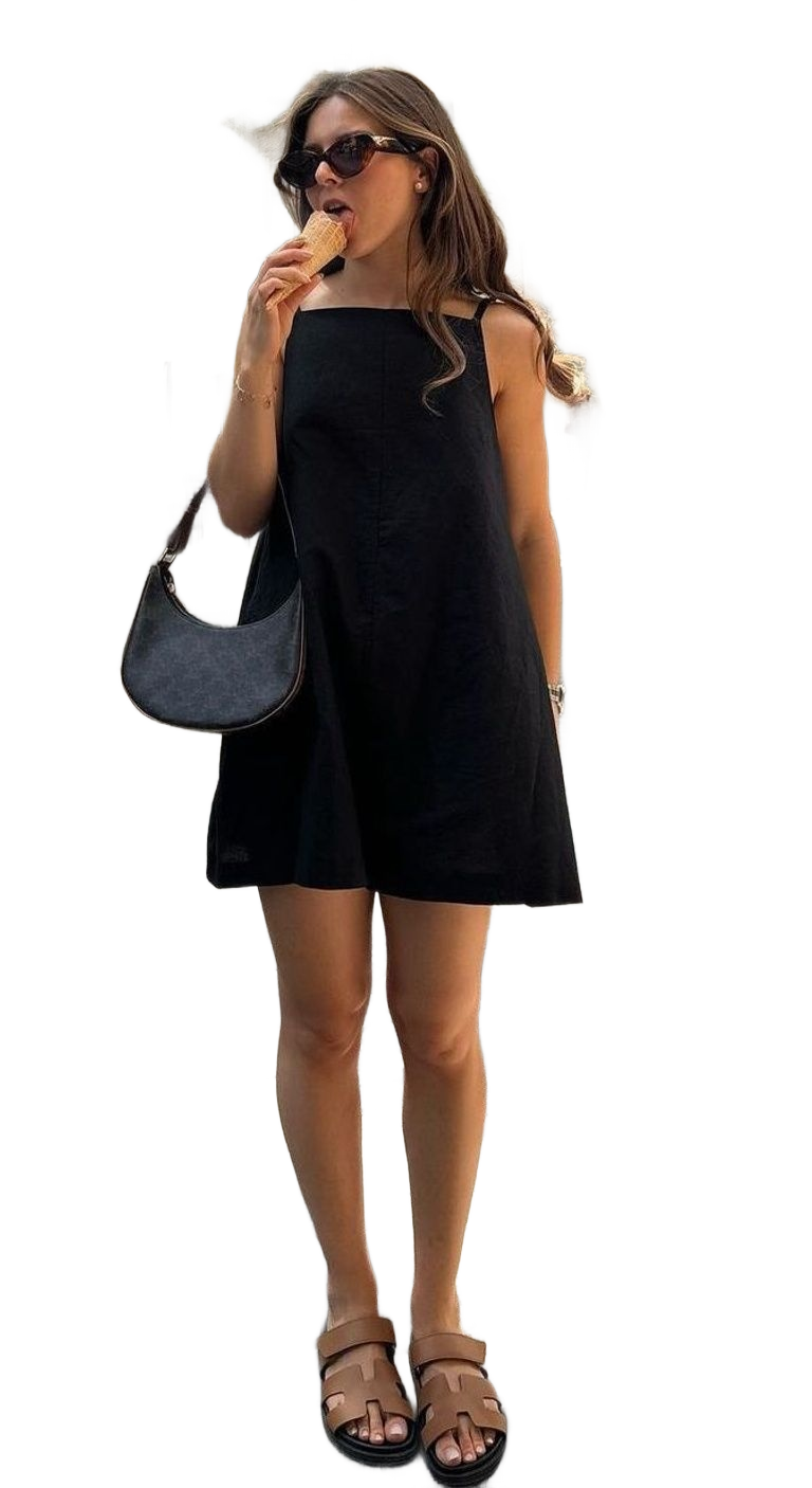 Black Mini Dress x Brown Leather Slides : Effortless Summer Outfit Recipe