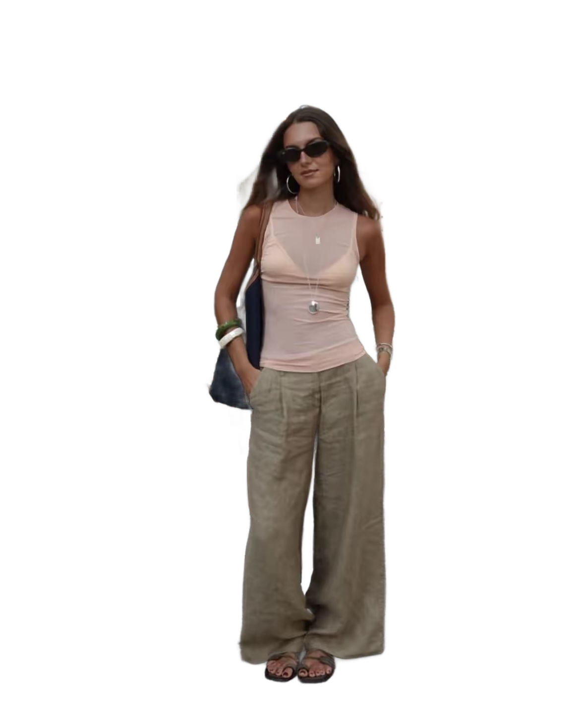 Sheer Sleeveless Top x Wide-leg Linen Trousers : Earthy Resort Outfit Recipe