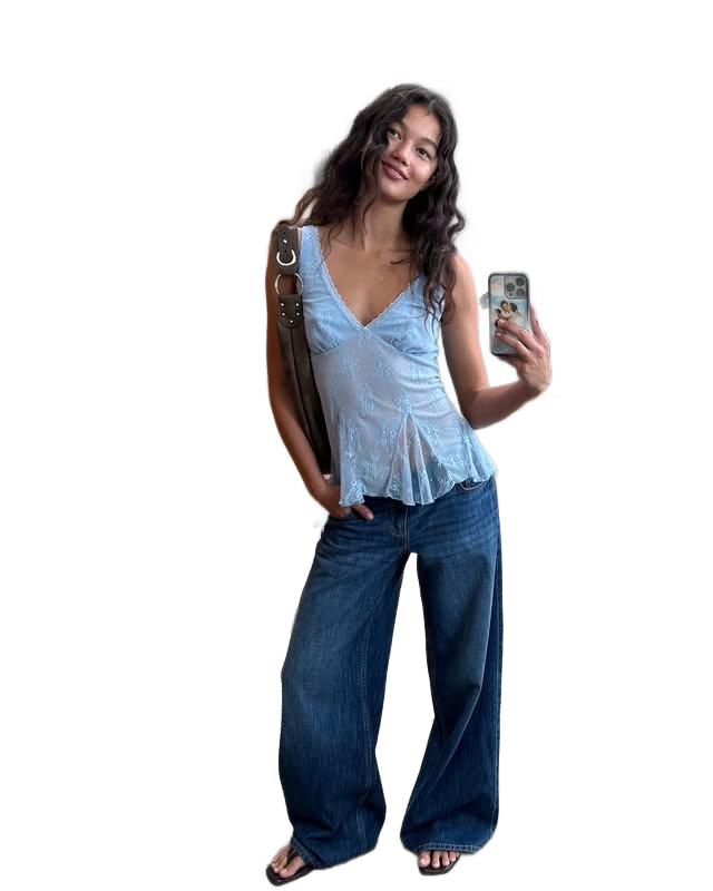 Light Blue Lace Cami x Dark Wide Jeans : Y2K Casual Outfit Recipe