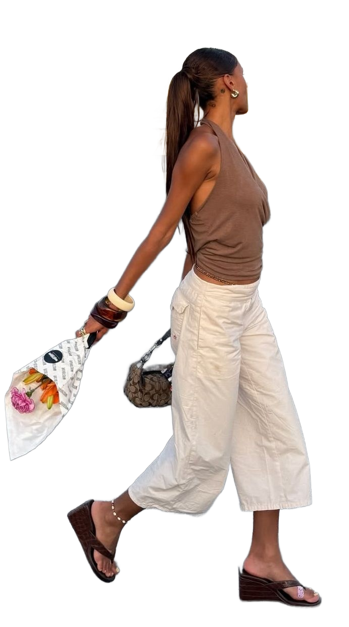 Brown Halter Top x White Cropped Pants : Earthy Summer Outfit Recipe