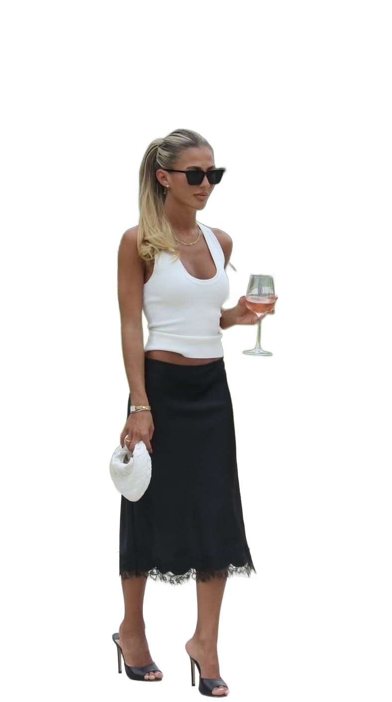 White Sleeveless Top x Black Slip Skirt : Black and White Chic Outfit Recipe