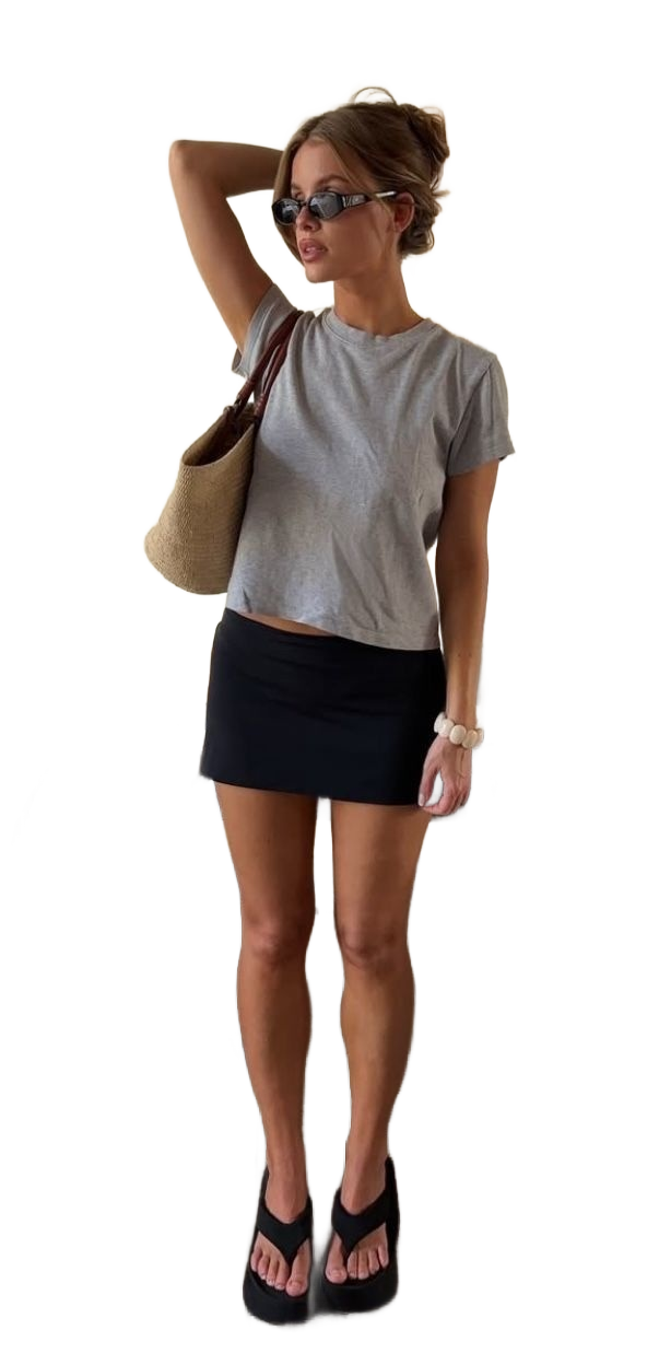 Grey Cotton T-Shirt x Black Mini Skirt : 90s Minimalist Summer Outfit Recipe